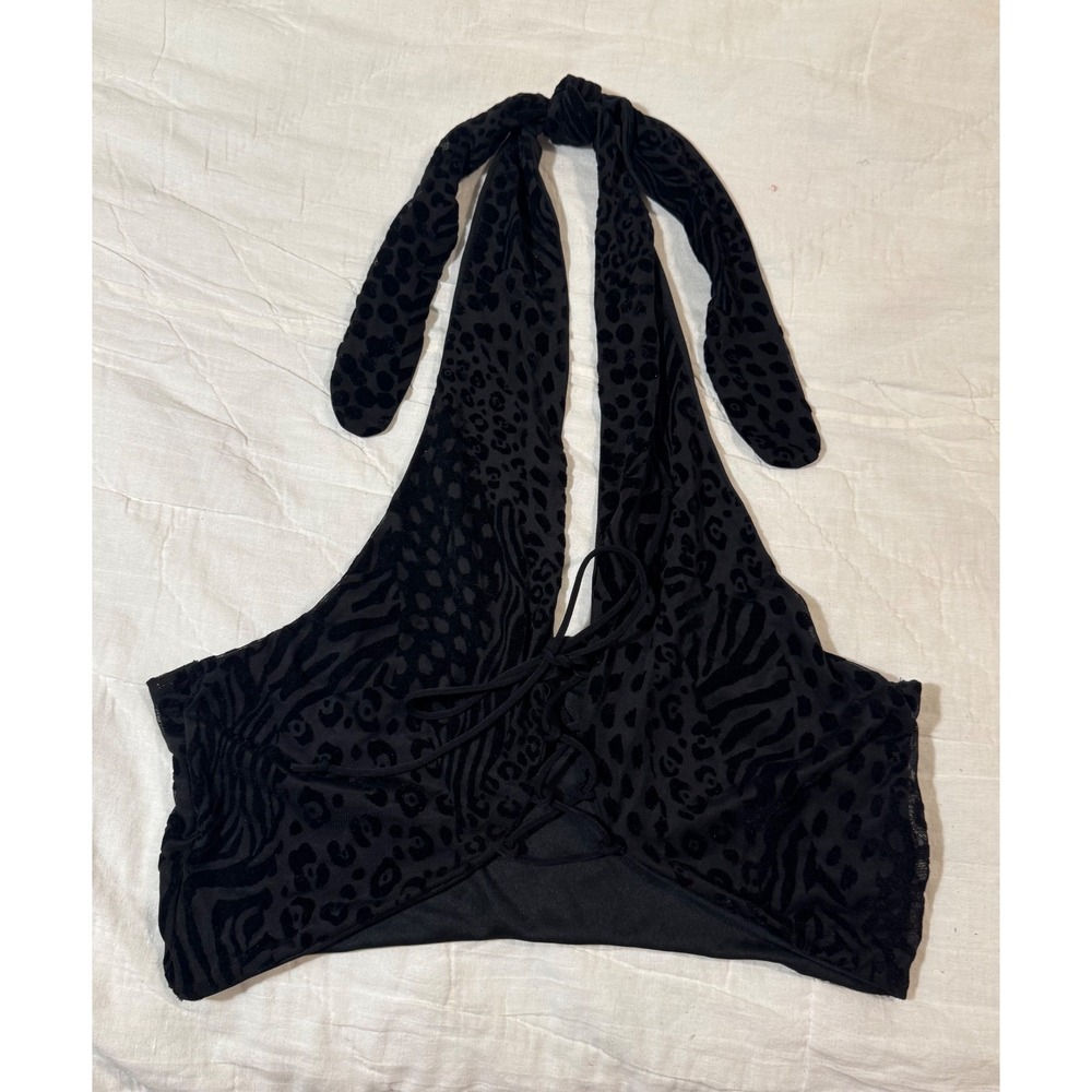 NWT PrettyLittleThing Plus Black Devore Lace Up Halter Top Animal Print US 14 - Picture 2 of 6